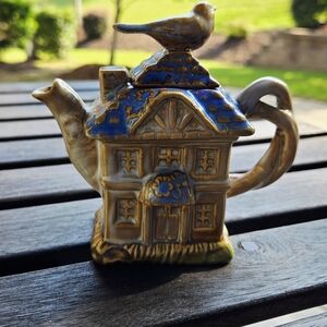 Charming Ceramic House Teapot with Blue and Brown Accents